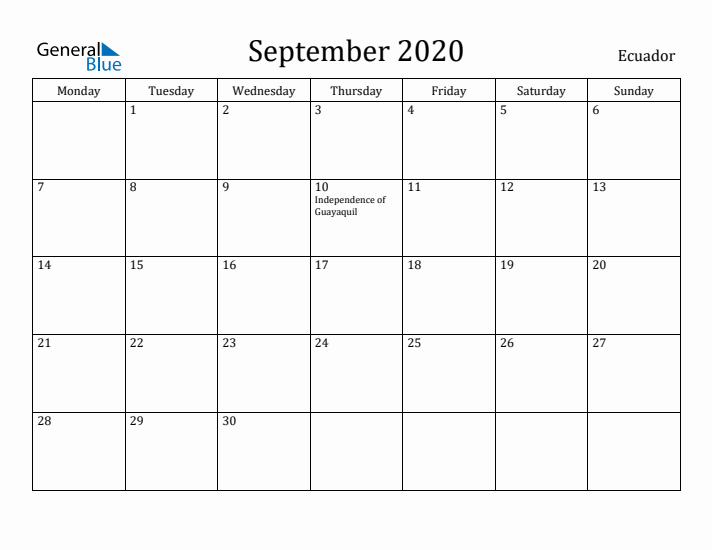 September 2020 Calendar Ecuador
