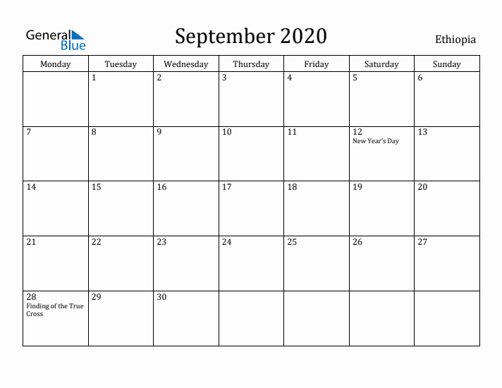 September 2020 Calendar Ethiopia