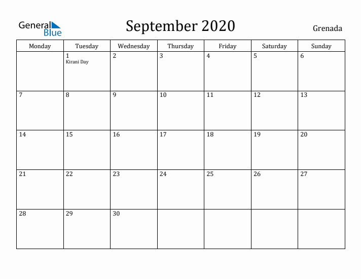September 2020 Calendar Grenada