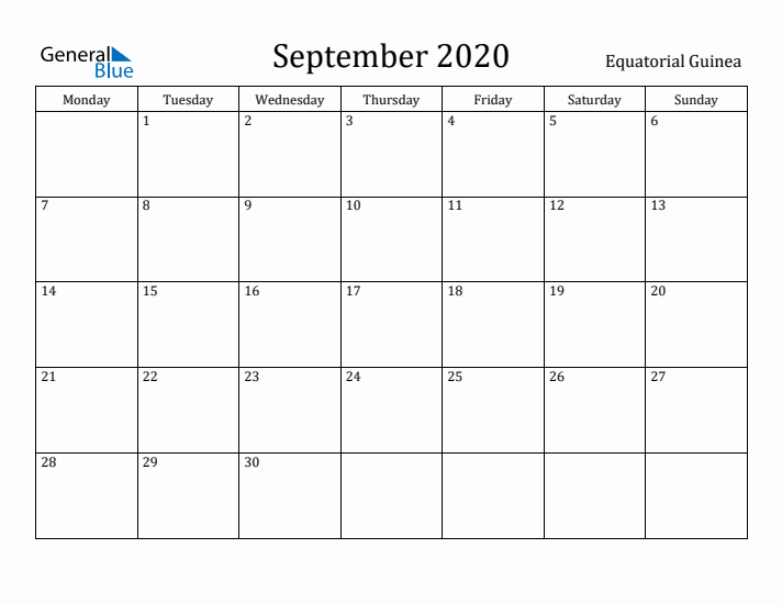 September 2020 Calendar Equatorial Guinea