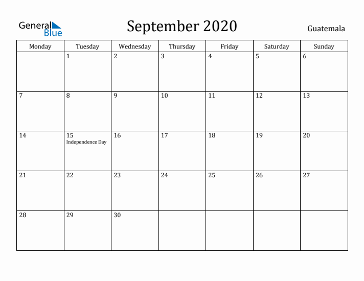 September 2020 Calendar Guatemala