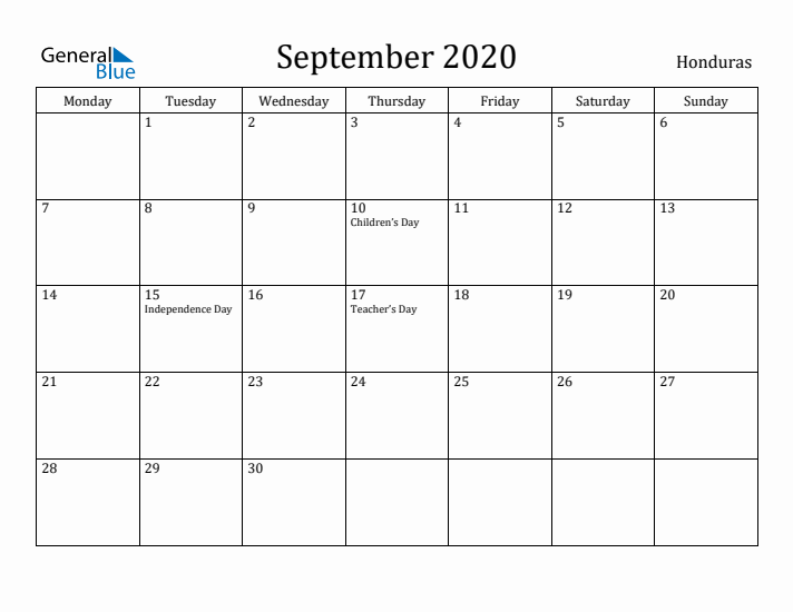 September 2020 Calendar Honduras