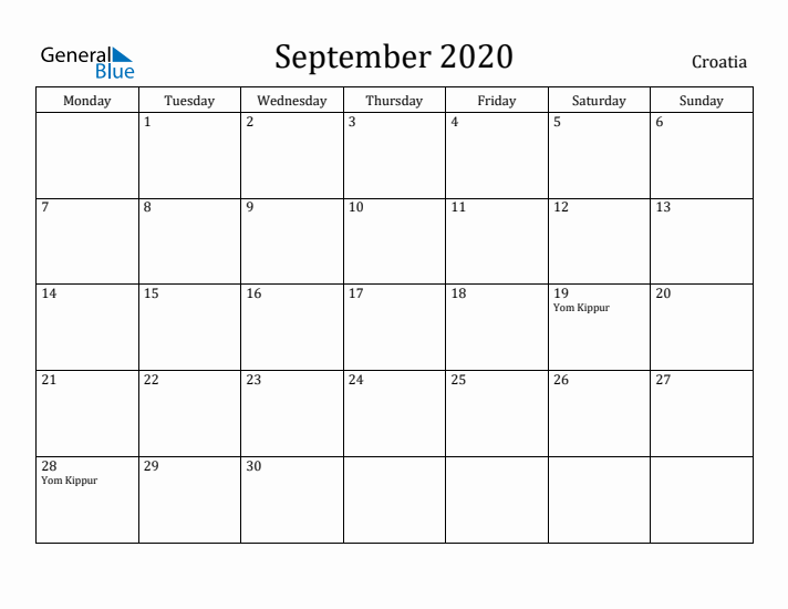 September 2020 Calendar Croatia