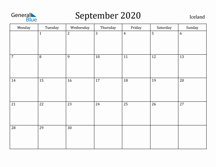 September 2020 Calendar Iceland