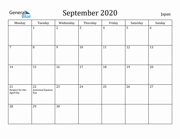 September 2020 Calendar Japan