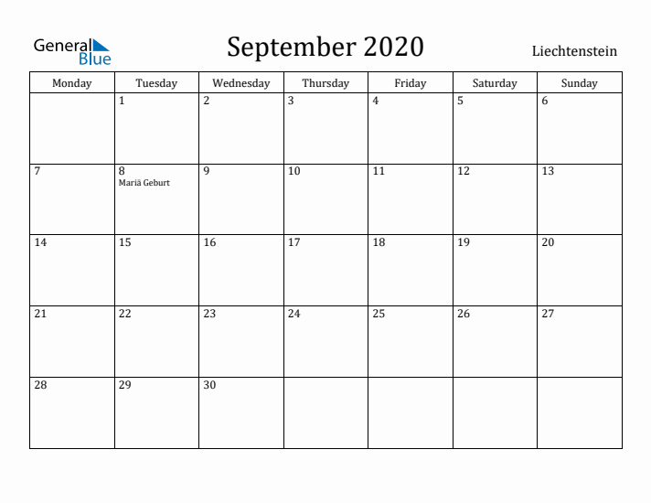 September 2020 Calendar Liechtenstein