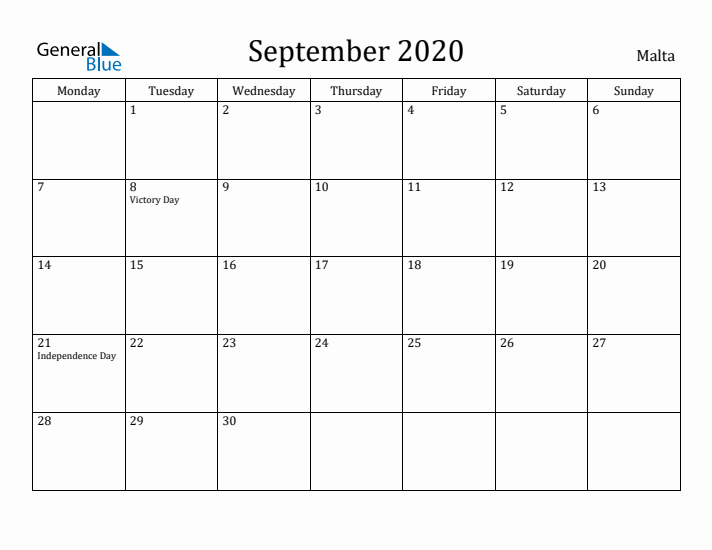 September 2020 Calendar Malta