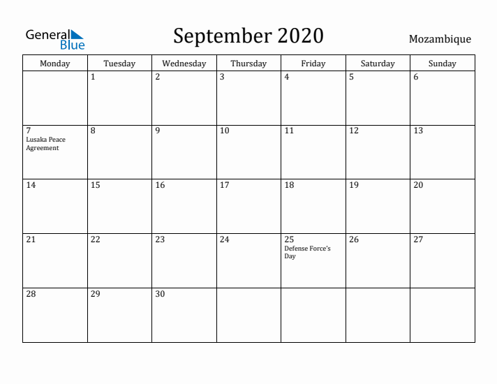 September 2020 Calendar Mozambique