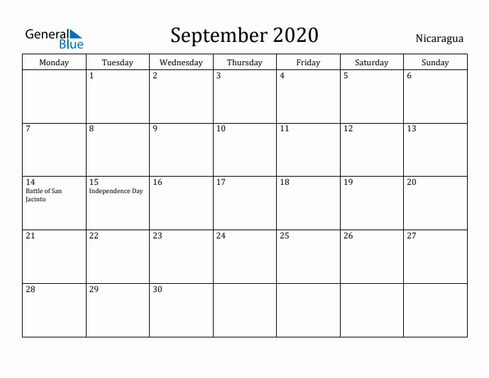 September 2020 Calendar Nicaragua