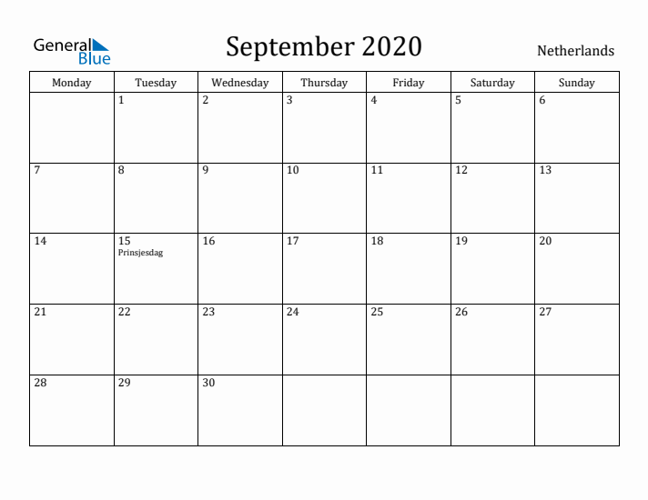 September 2020 Calendar The Netherlands