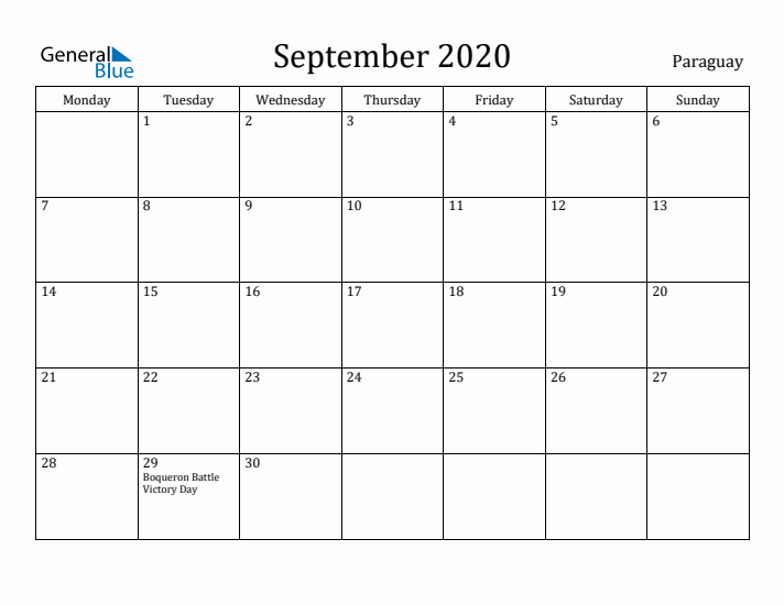 September 2020 Calendar Paraguay