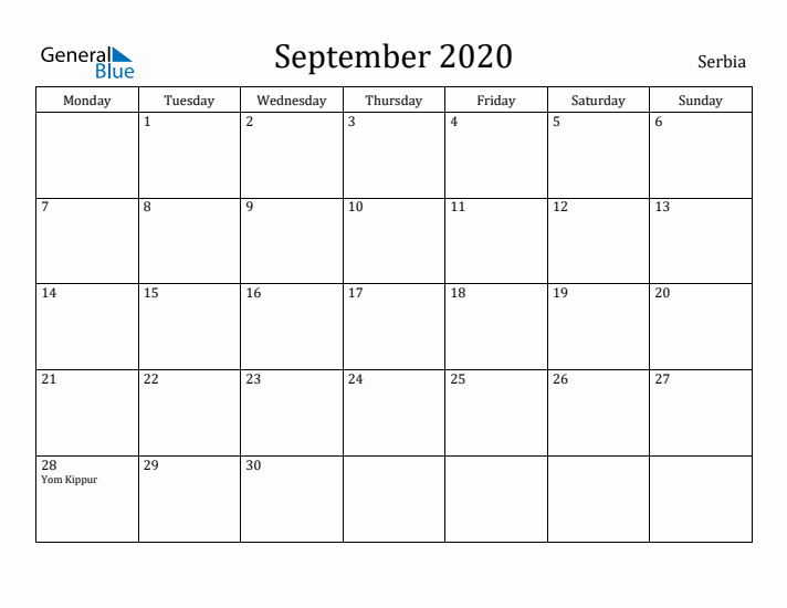 September 2020 Calendar Serbia