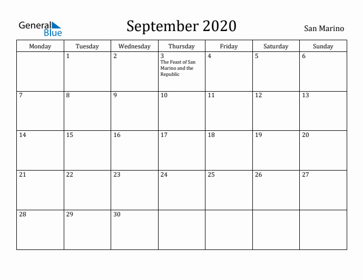 September 2020 Calendar San Marino