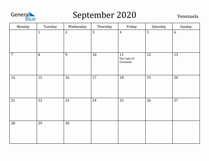 September 2020 Calendar Venezuela