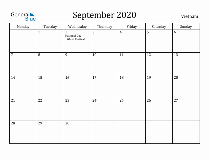 September 2020 Calendar Vietnam
