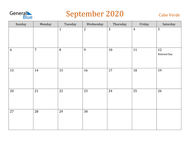 September 2020 Holiday Calendar