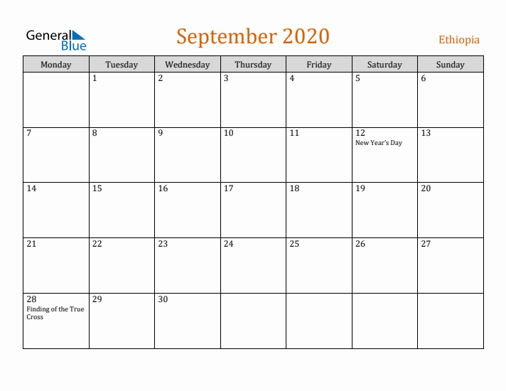 September 2020 Holiday Calendar with Monday Start
