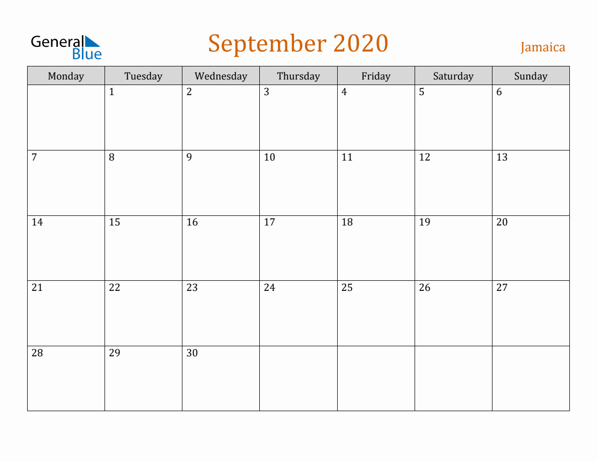 Free September 2020 Jamaica Calendar