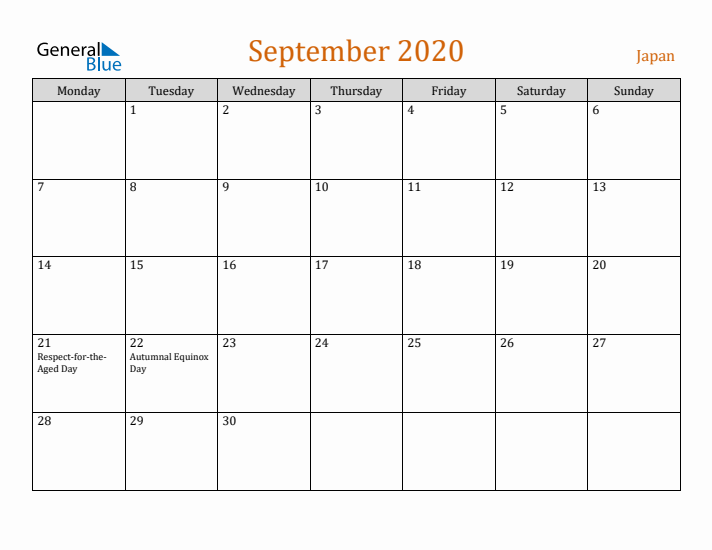 September 2020 Holiday Calendar with Monday Start