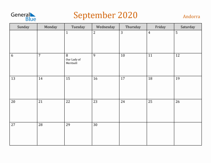 September 2020 Holiday Calendar with Sunday Start