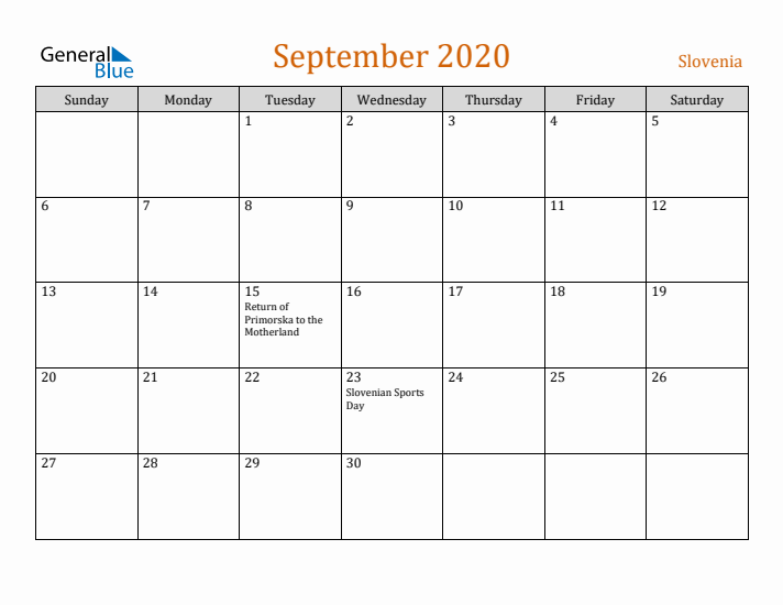 September 2020 Holiday Calendar with Sunday Start