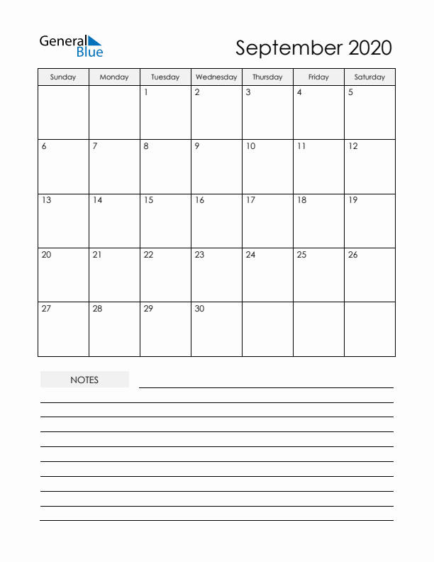 Printable Calendar with Notes - September 2020 