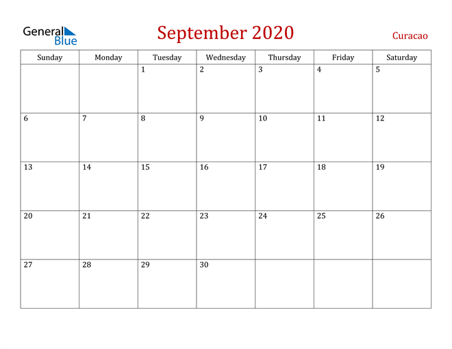 Curacao September 2020 Calendar