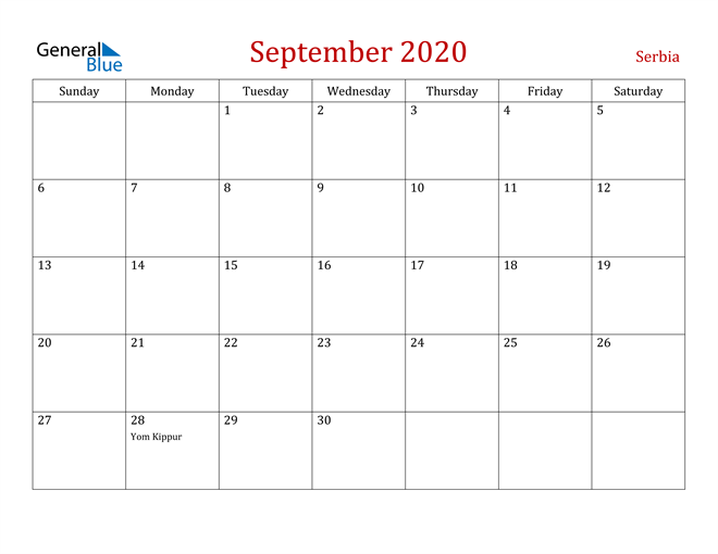 Serbia September 2020 Calendar