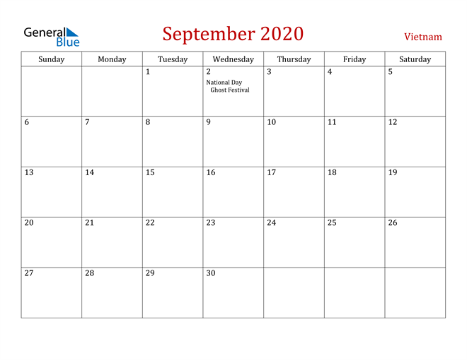 Vietnam September 2020 Calendar