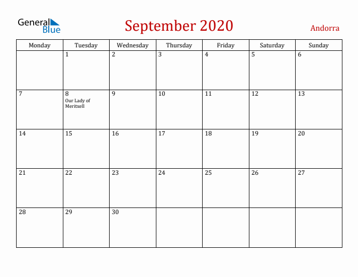 Andorra September 2020 Calendar - Monday Start