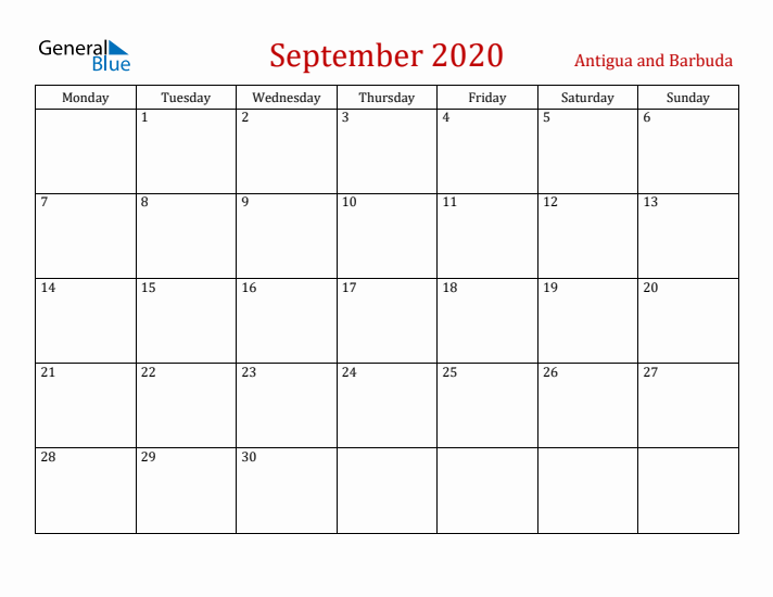 Antigua and Barbuda September 2020 Calendar - Monday Start
