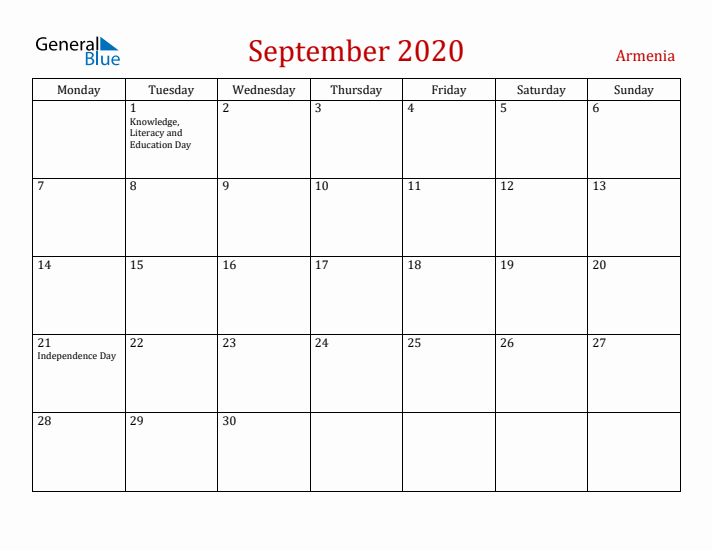 Armenia September 2020 Calendar - Monday Start