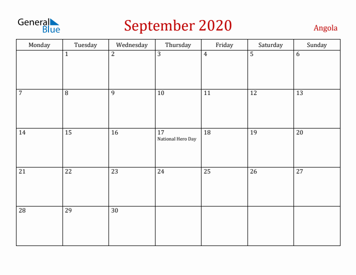 Angola September 2020 Calendar - Monday Start