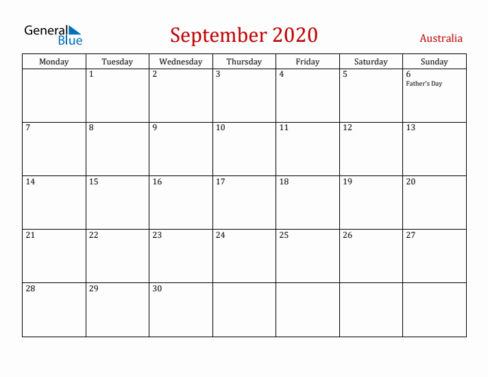 Australia September 2020 Calendar - Monday Start