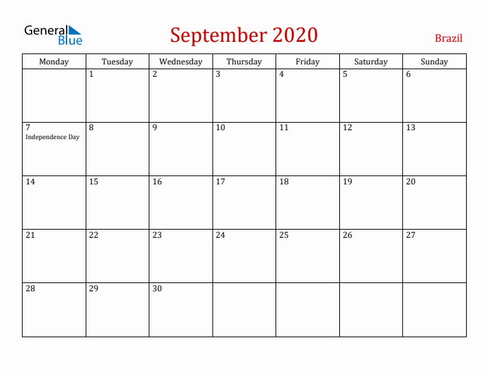 Brazil September 2020 Calendar - Monday Start