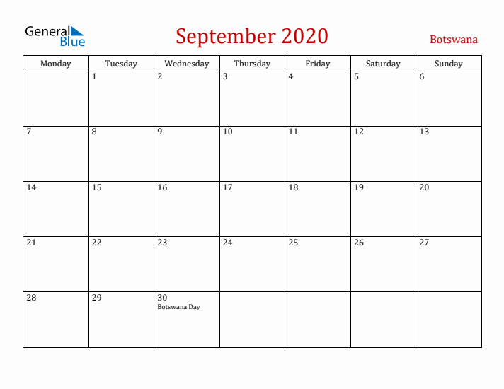Botswana September 2020 Calendar - Monday Start