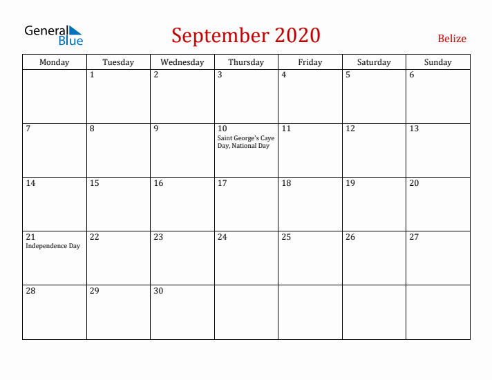 Belize September 2020 Calendar - Monday Start