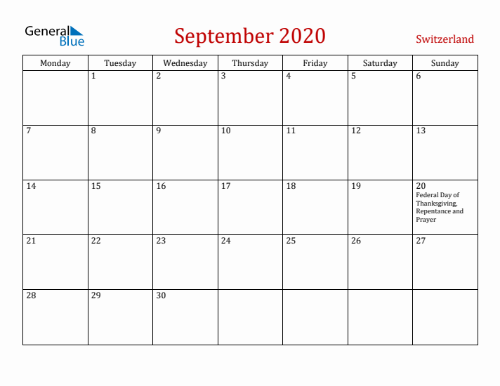 Switzerland September 2020 Calendar - Monday Start