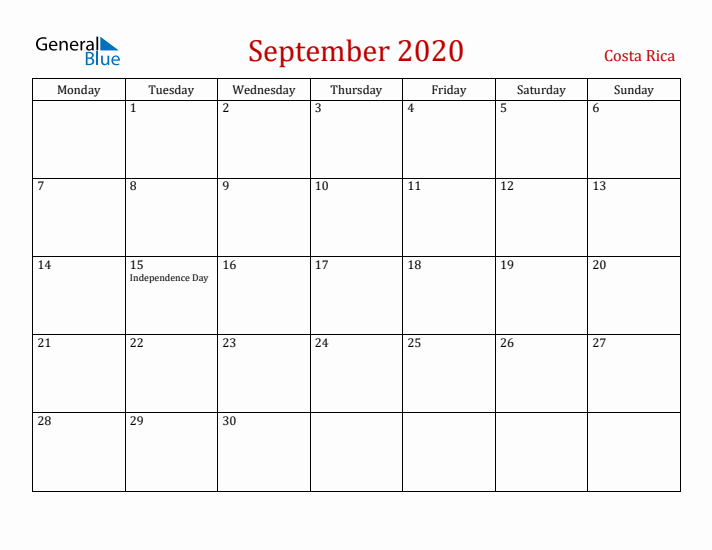 Costa Rica September 2020 Calendar - Monday Start