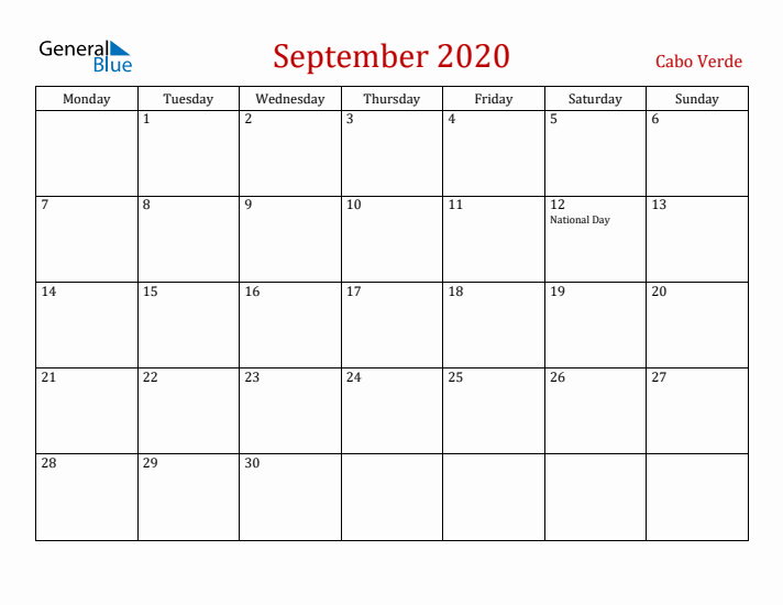 Cabo Verde September 2020 Calendar - Monday Start
