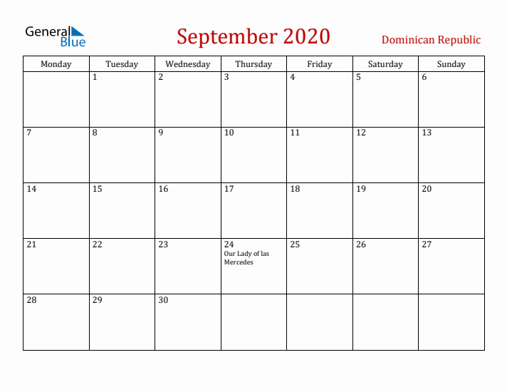 Dominican Republic September 2020 Calendar - Monday Start