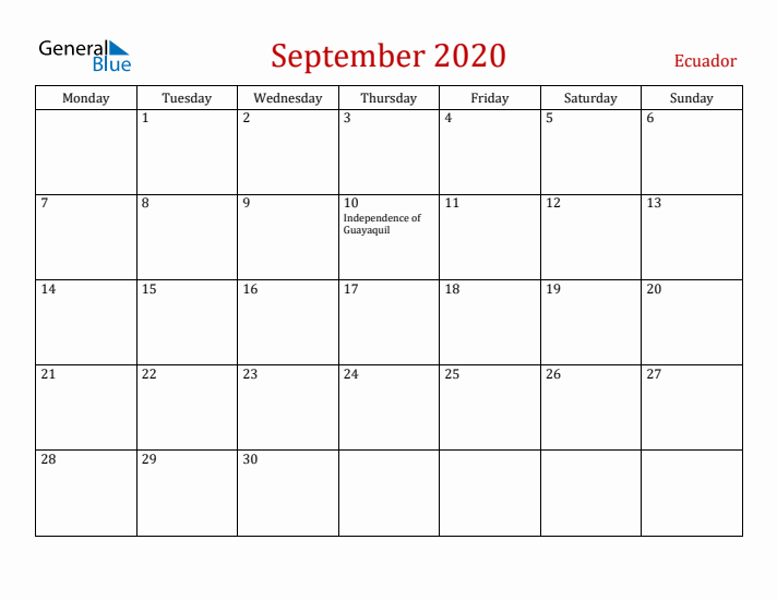 Ecuador September 2020 Calendar - Monday Start