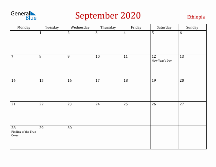 Ethiopia September 2020 Calendar - Monday Start