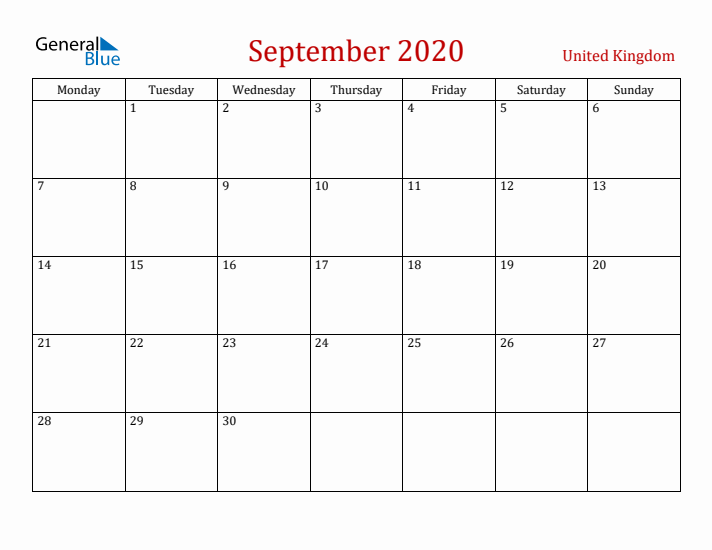 United Kingdom September 2020 Calendar - Monday Start