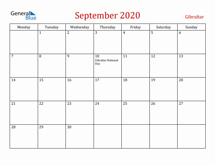 Gibraltar September 2020 Calendar - Monday Start