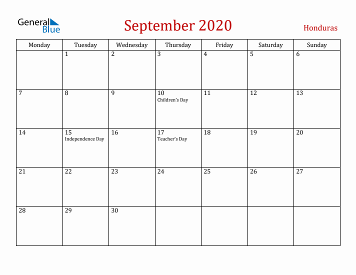 Honduras September 2020 Calendar - Monday Start