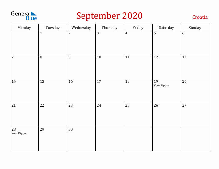 Croatia September 2020 Calendar - Monday Start