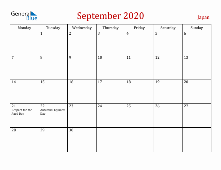 Japan September 2020 Calendar - Monday Start