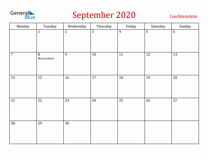 Liechtenstein September 2020 Calendar - Monday Start