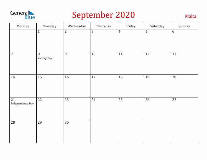 Malta September 2020 Calendar - Monday Start